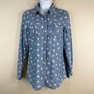 Old Navy Womens Boho Cowgirl Western Farm Top Size S Blue Floral CHAMBRAY Chore